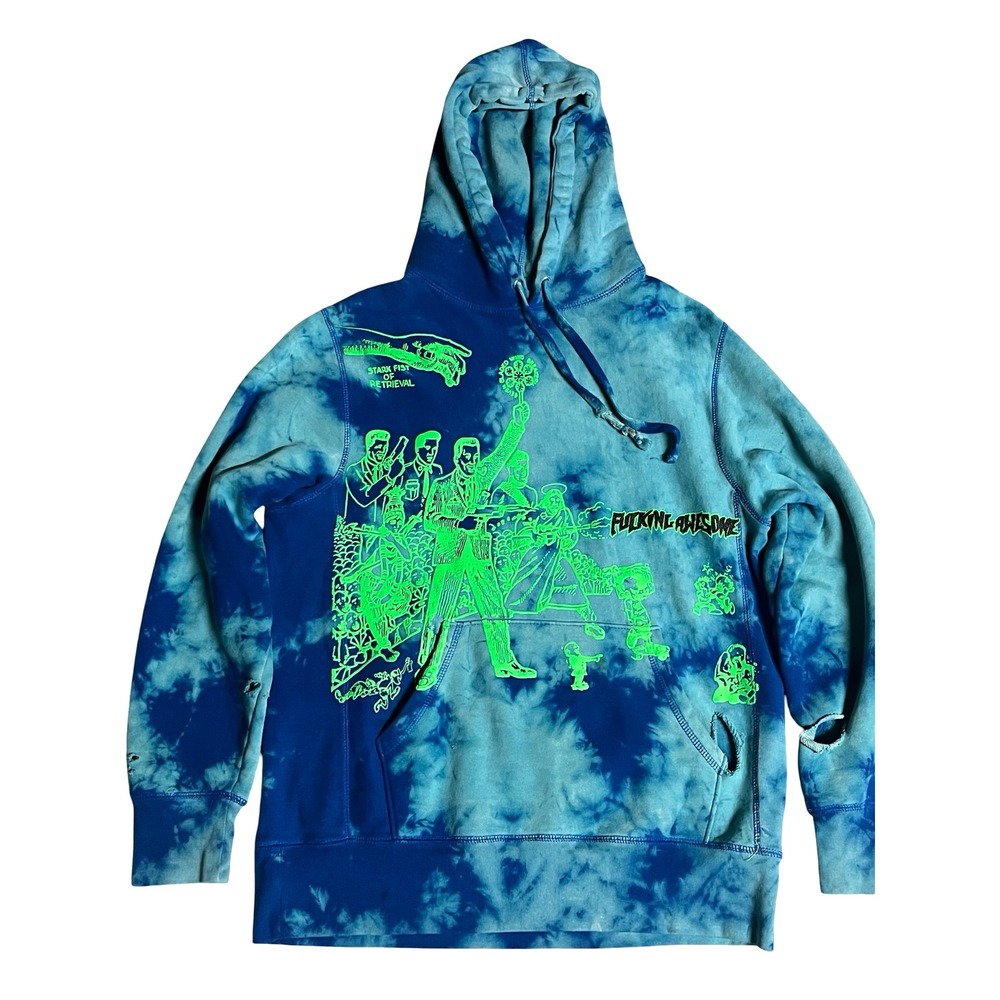 Fucking Awesome Stark Fist of Retrieval Tie Dye Hoodie Blue Neon Green Men Small